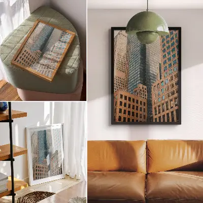 Wandposter moderne wolkenkrabbers met geometrische vormen en elegantie