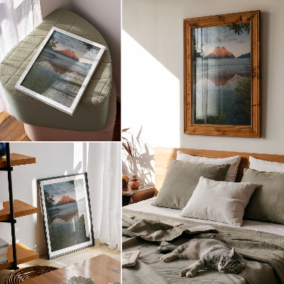 Poster Berglandschap weerspiegeld in de watermist