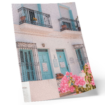 Poster Pastelblauwe kleuren, balkondetails, bloemen