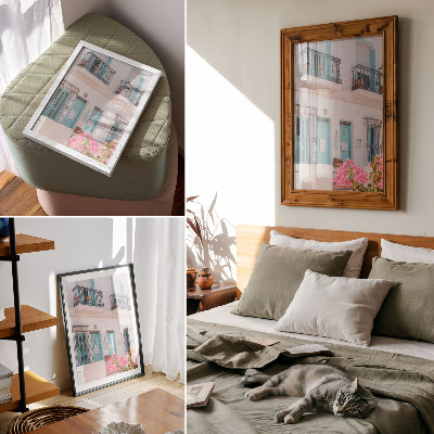 Poster Pastelblauwe kleuren, balkondetails, bloemen