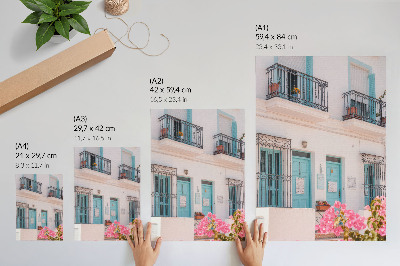 Poster Pastelblauwe kleuren, balkondetails, bloemen