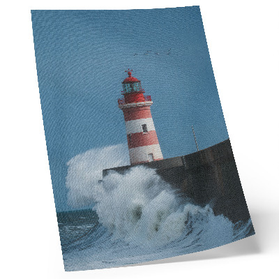 Poster Vuurtoren, blauwe lucht, zeegolven