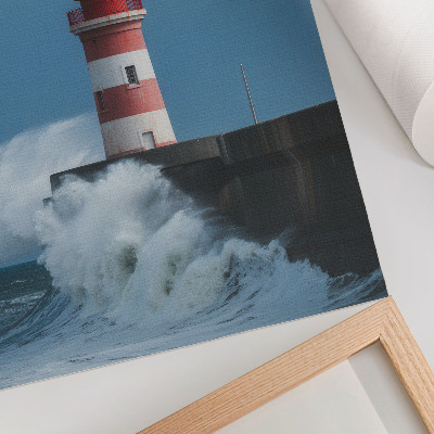Poster Vuurtoren, blauwe lucht, zeegolven