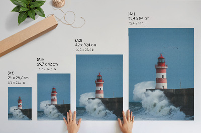 Poster Vuurtoren, blauwe lucht, zeegolven