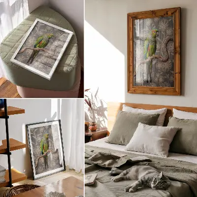Decoratieve poster papegaai op een tak met crèmekleurige bloemen op een blauwe achtergrond