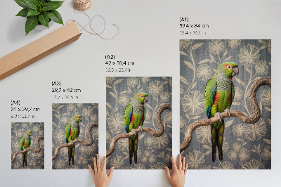 Decoratieve poster Papegaai op een tak met crèmekleurige bloemen en een blauwe achtergrond.