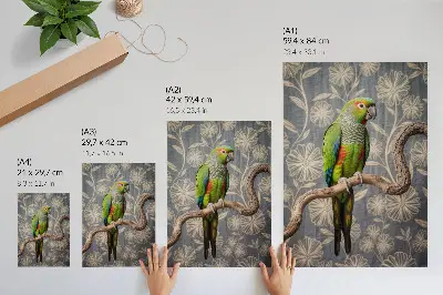 Decoratieve poster papegaai op een tak met crèmekleurige bloemen op een blauwe achtergrond