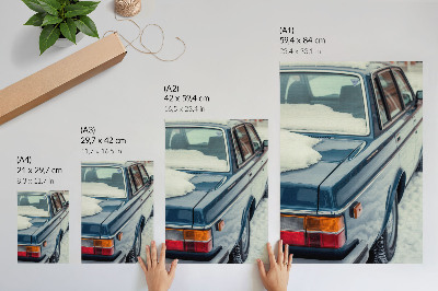 Wandposter Retro auto op een sneeuwblauwe en witte achtergrond