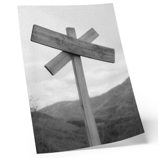 Wandposter Houten bord met een zwart-wit berglandschap op de achtergrond.