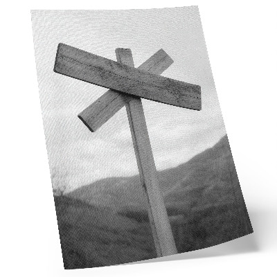 Wandposter Houten bord met een zwart-wit berglandschap op de achtergrond.