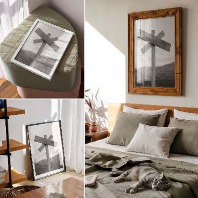 Wandposter Houten bord met een zwart-wit berglandschap op de achtergrond.