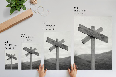Wandposter Houten bord met een zwart-wit berglandschap op de achtergrond.