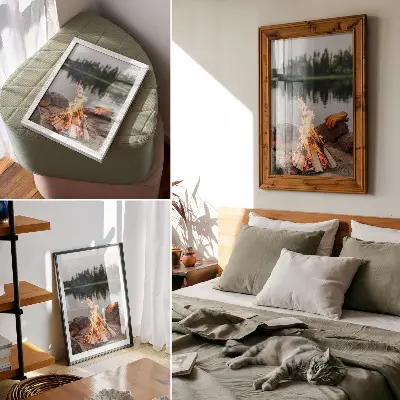Decoratieve poster met een kampvuur bij een meer in een bos met stenen