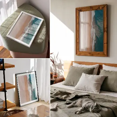 Decoratieve poster met minimalistische oceaangolven die het strand raken