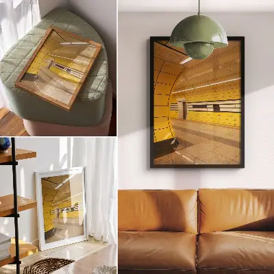 Wandposter met heldere, dynamische patronen in een futuristische en harmonieuze ruimte