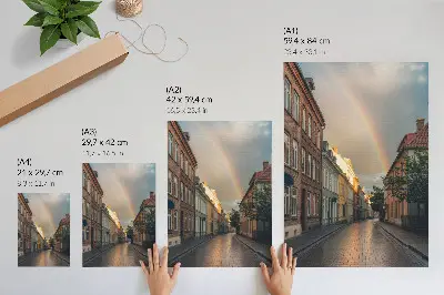 Poster kleurrijke huurkazernes met een regenboog onder een bewolkte lucht