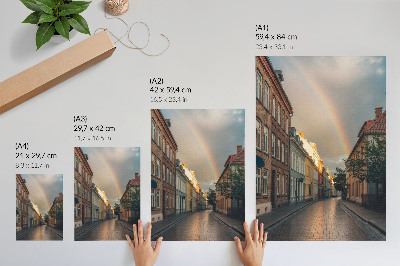 Poster Kleurrijke huurkazernes, regenboog, bewolkte lucht