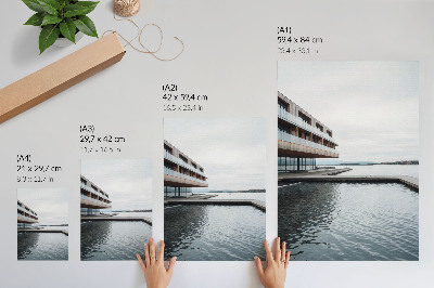 Decoratieve poster Modern gebouw aan het water, minimalisme, hout, glas