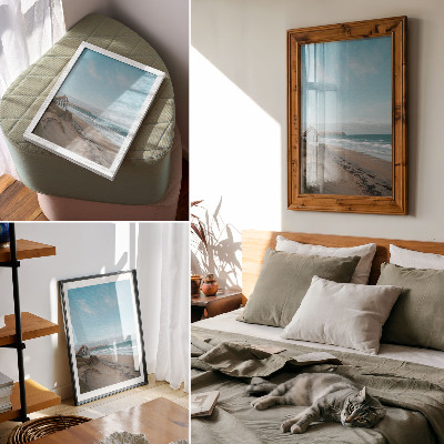 Poster Strand, golven, huis op een klif, pastelkleuren