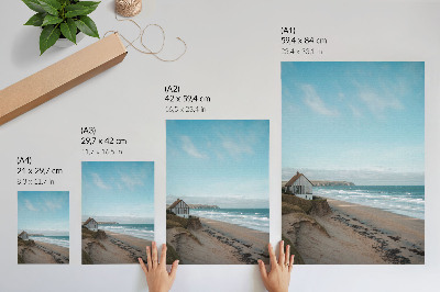 Poster Strand, golven, huis op een klif, pastelkleuren