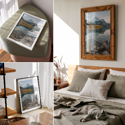 Wandposter Bergen, meer, bomen, reflectie, rust, natuur