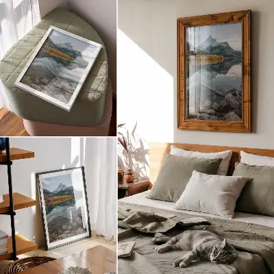 Wandposter natuurlandschap met bergen, meer en bomen in een rustgevende reflectie