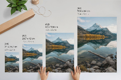 Wandposter Bergen, meer, bomen, reflectie, rust, natuur