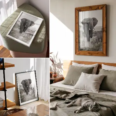 Wandposter met een grote olifant tegen een natuurlijke achtergrond
