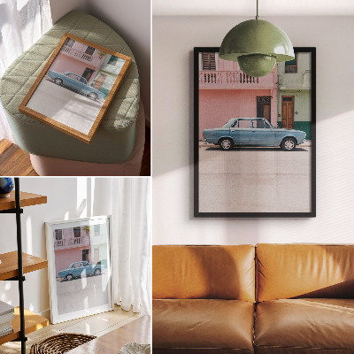 Decoratieve poster Klassieke auto's, pastelkleurige gebouwen, retro charme