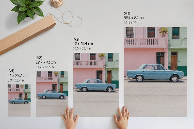 Decoratieve poster Klassieke auto's, pastelkleurige gebouwen, retro charme