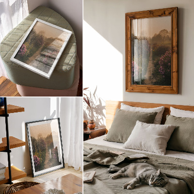Decoratieve poster Charmant tuinpad met bloemen en ochtendmist