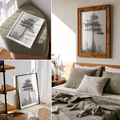 Decoratieve poster zwart-witte boom in de mist met een unieke stilte