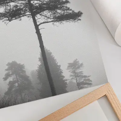 Decoratieve poster zwart-witte boom in de mist met een unieke stilte