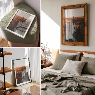 Wandposter herfstlandschap met stad bij zonsondergang in harmonie