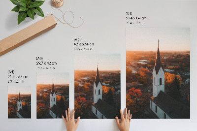 Wandposter Herfstklimaat, stad, zonsondergang, harmonie