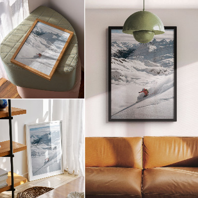 Wandposter Skiër in actie, witte bergen, blauwe lucht