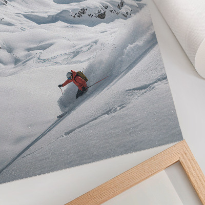 Wandposter Skiër in actie, witte bergen, blauwe lucht