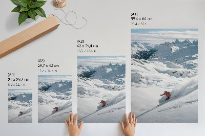 Wandposter Skiër in actie, witte bergen, blauwe lucht