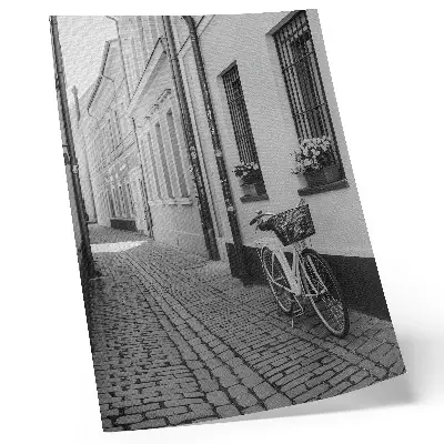 Decoratieve poster met een straatscène van huurkazernes met bloemen en een fiets in zwart-wit