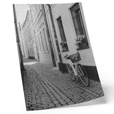 Decoratieve poster Straat, huurkazernes, bloemen, fiets, zwart-wit