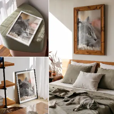 Wandposter grijze kat met groene ogen van dichtbij