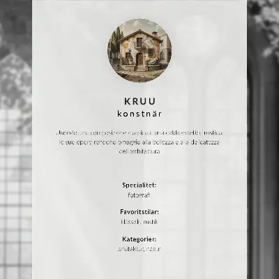 Poster met een warm huis, bomen en een stenen muur in een vredige sfeer