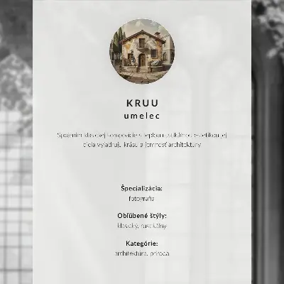 Poster met een warm huis, bomen en een stenen muur in een vredige sfeer