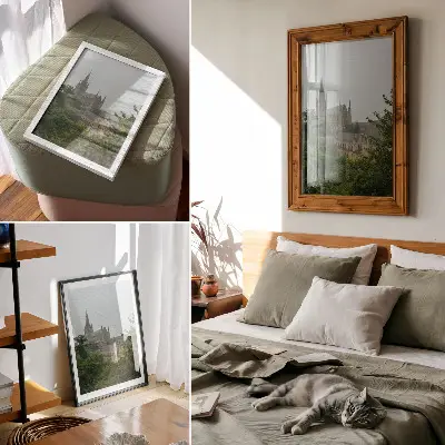 Decoratieve poster gotische kathedraal omringd door groene bomen