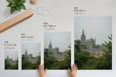 Decoratieve poster gotische kathedraal omringd door groene bomen