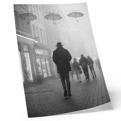 Wandposter Figuur met een hoed, mist, paraplu's, mysterie