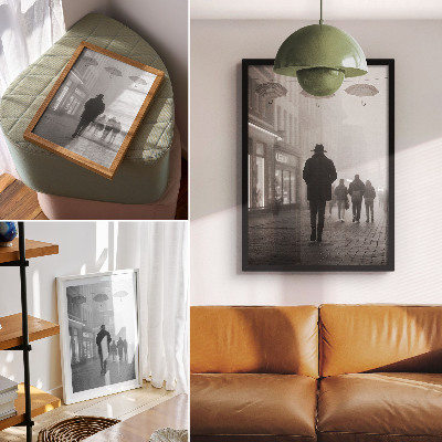 Wandposter Figuur met een hoed, mist, paraplu's, mysterie