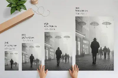 Wandposter figuur met een hoed, mist en paraplu's in mysterieuze stijl