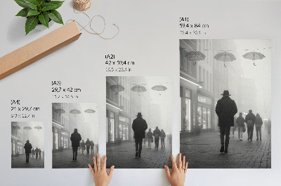 Wandposter Figuur met een hoed, mist, paraplu's, mysterie