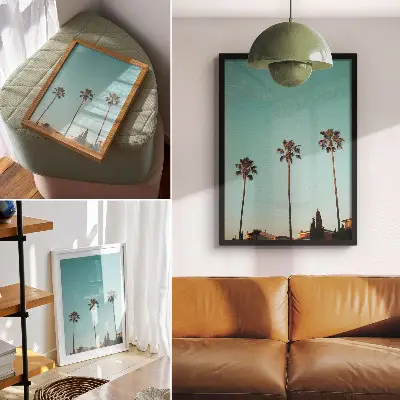 Decoratieve poster met palmbomen tegen een blauwe achtergrond voor een exotische sfeer